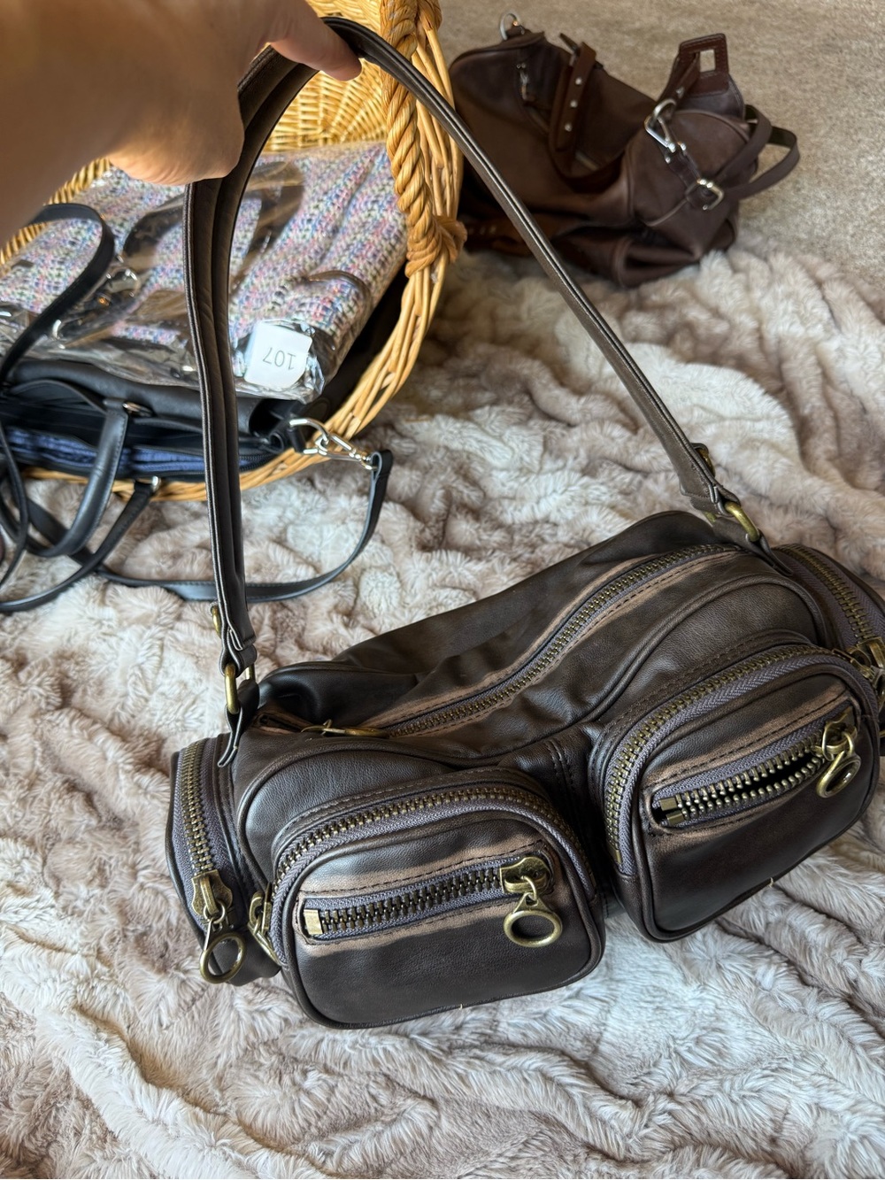 Zara Dark Brown Multi-Pocket Leather Shoulder Bag